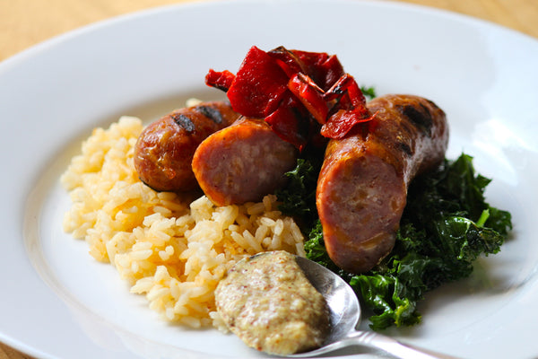 Cheddar Brats, Kale, Mustard, Rice