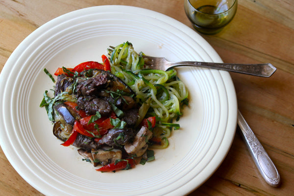 Beef-eggplant stir fry with brown rice or cauliflower rice