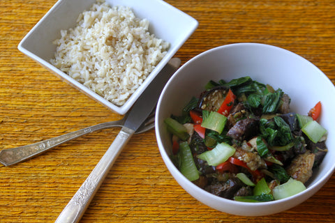 Beef-eggplant stir fry with brown rice or cauliflower rice